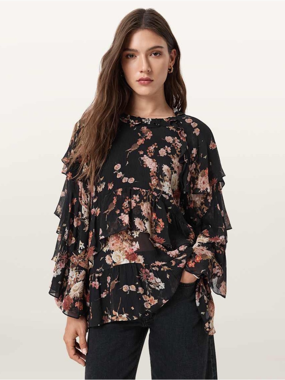 AllSaints Black Floral Ruffle Tiered Blouse